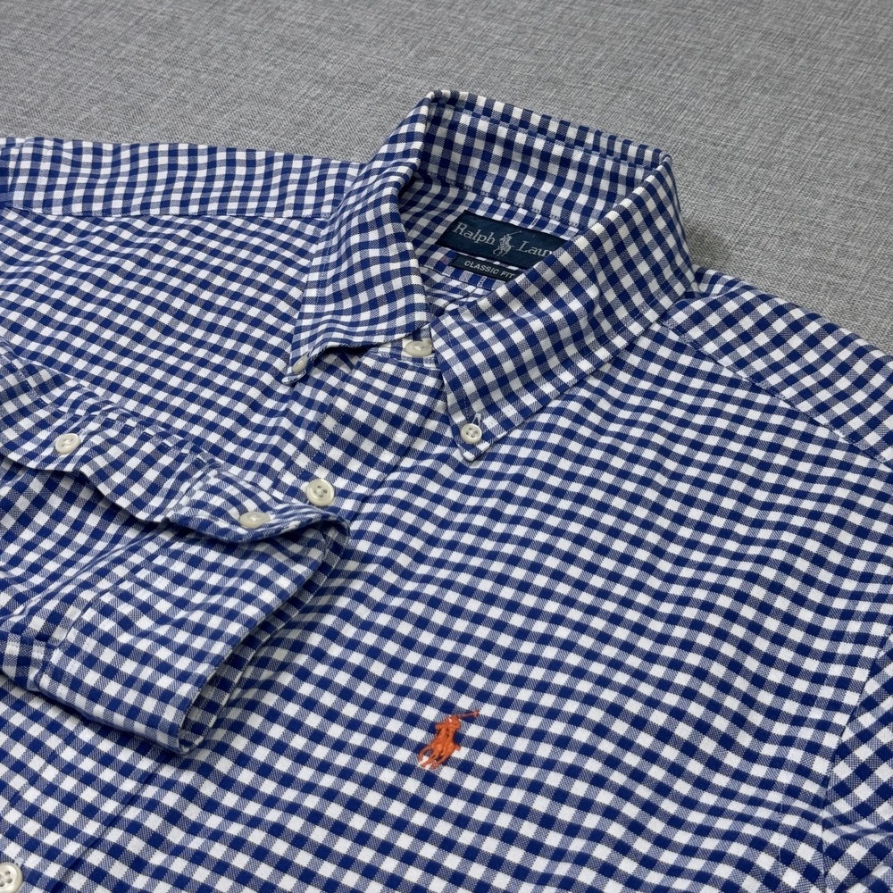 Ralph Lauren Button-Down Shirt Mens M Blue Check Classic Fit Cotton Long Sleeve